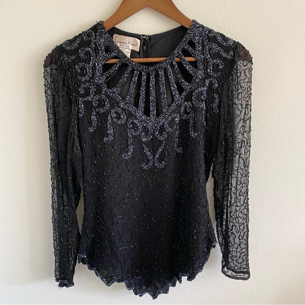 Vintage 80s Laurence Kazar Embellished Beaded Silk Long Sleeve Blouse